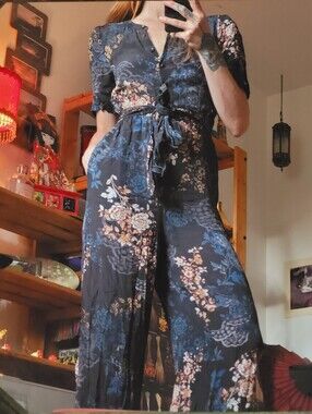 Kachel X Anthropologie Serina Floral-Print Silk Blend Blue Jumpsuit - Size 2